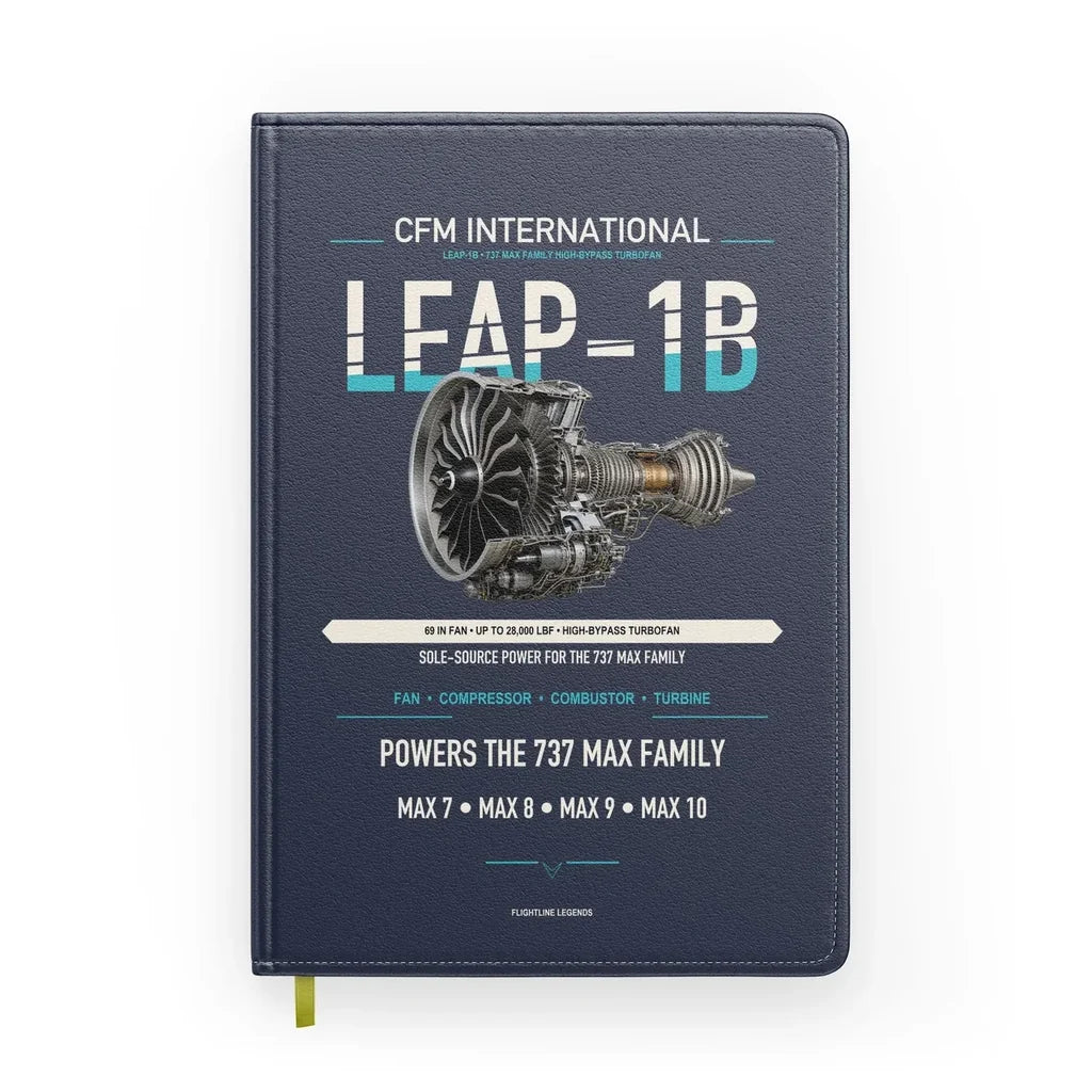 CFM LEAP-1B design on navy blue notebook