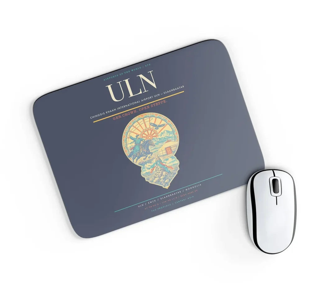 Chinggis Khaan International Airport (ULN) design on navy blue rectangle mouse pad