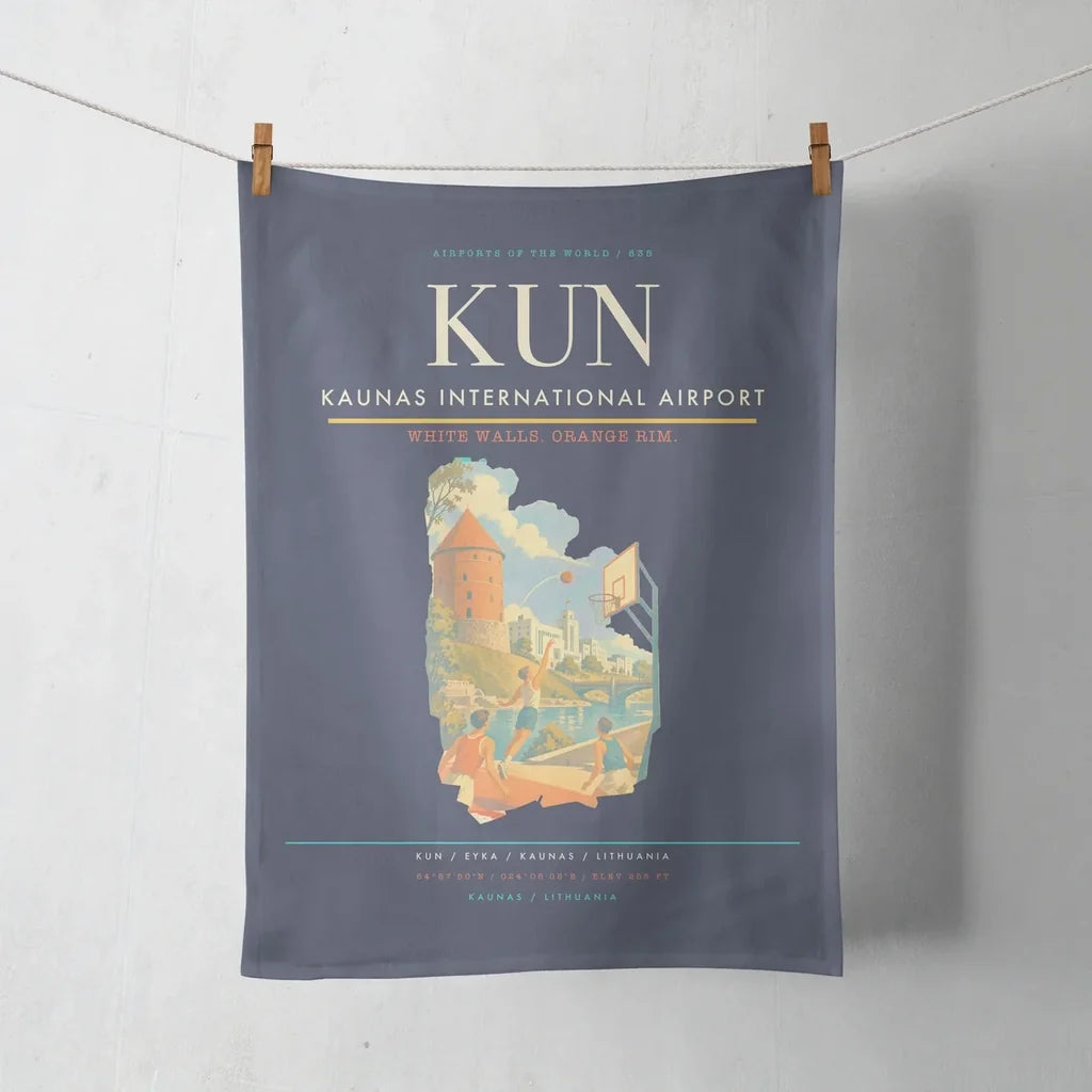 Kaunas International Airport (KUN) design on navy blue towel