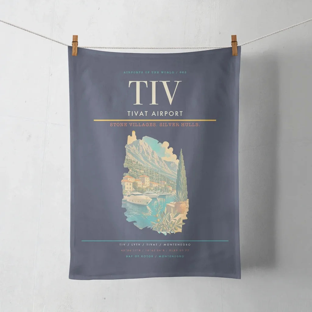 Tivat Airport (TIV) design on navy blue towel