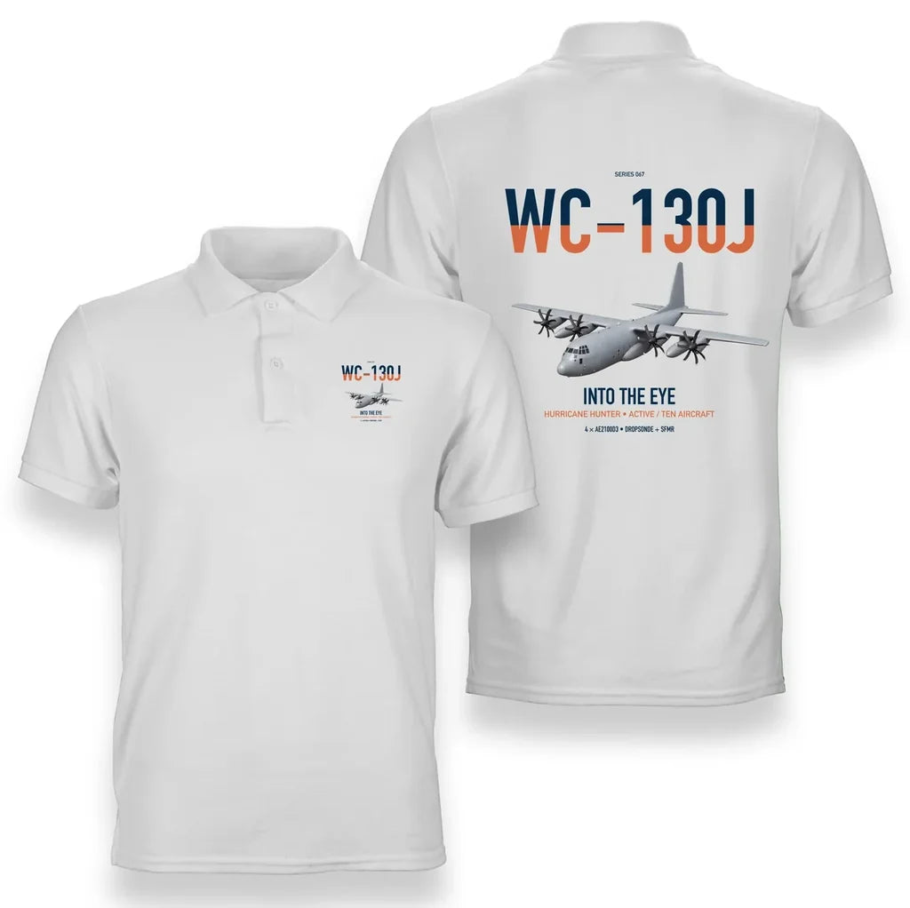 WC-130J Hurricane Hunter design on white double-side polo t-shirt, double-side print