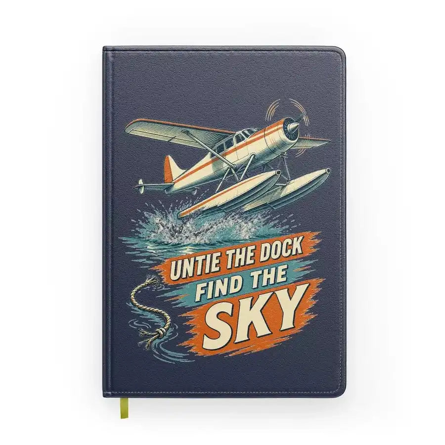 Untie The Dock Find The Sky design on navy blue notebook