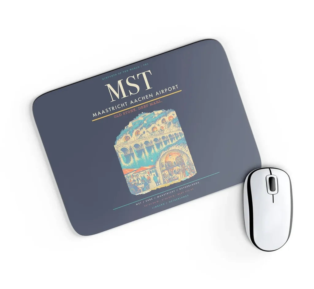 Maastricht Aachen Airport (MST) design on navy blue rectangle mouse pad