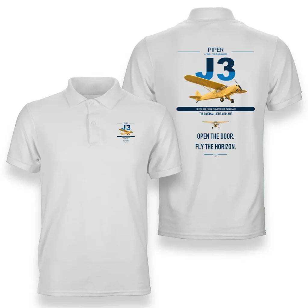 Piper J-3 Cub design on white double-side polo t-shirt, double-side print