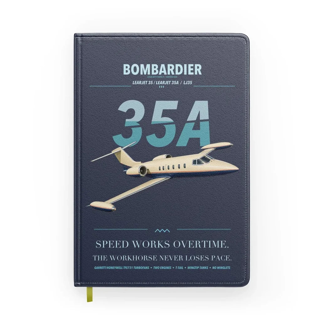 Bombardier Learjet 35A design on navy blue notebook