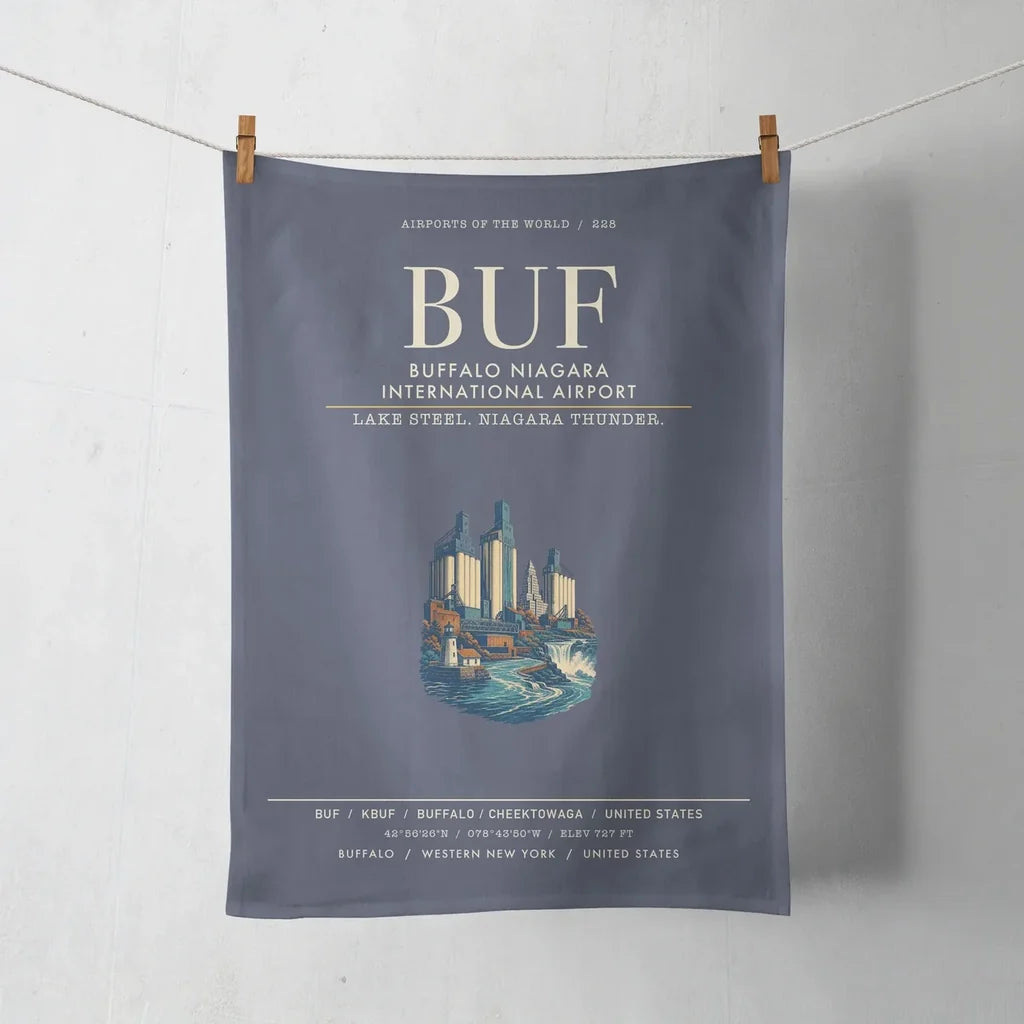 Buffalo Niagara International Airport (BUF) design on navy blue towel