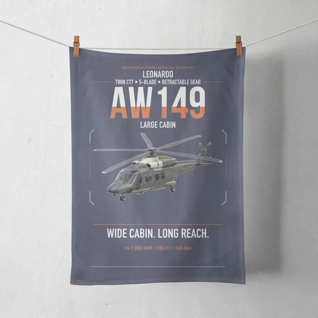 Leonardo AW149 design on navy blue towel