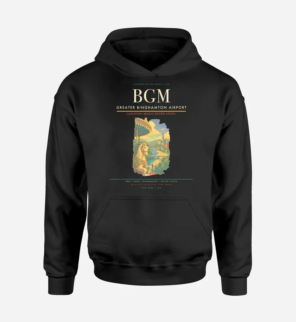 Greater Binghamton Airport (BGM) design on black hoodie single-side print