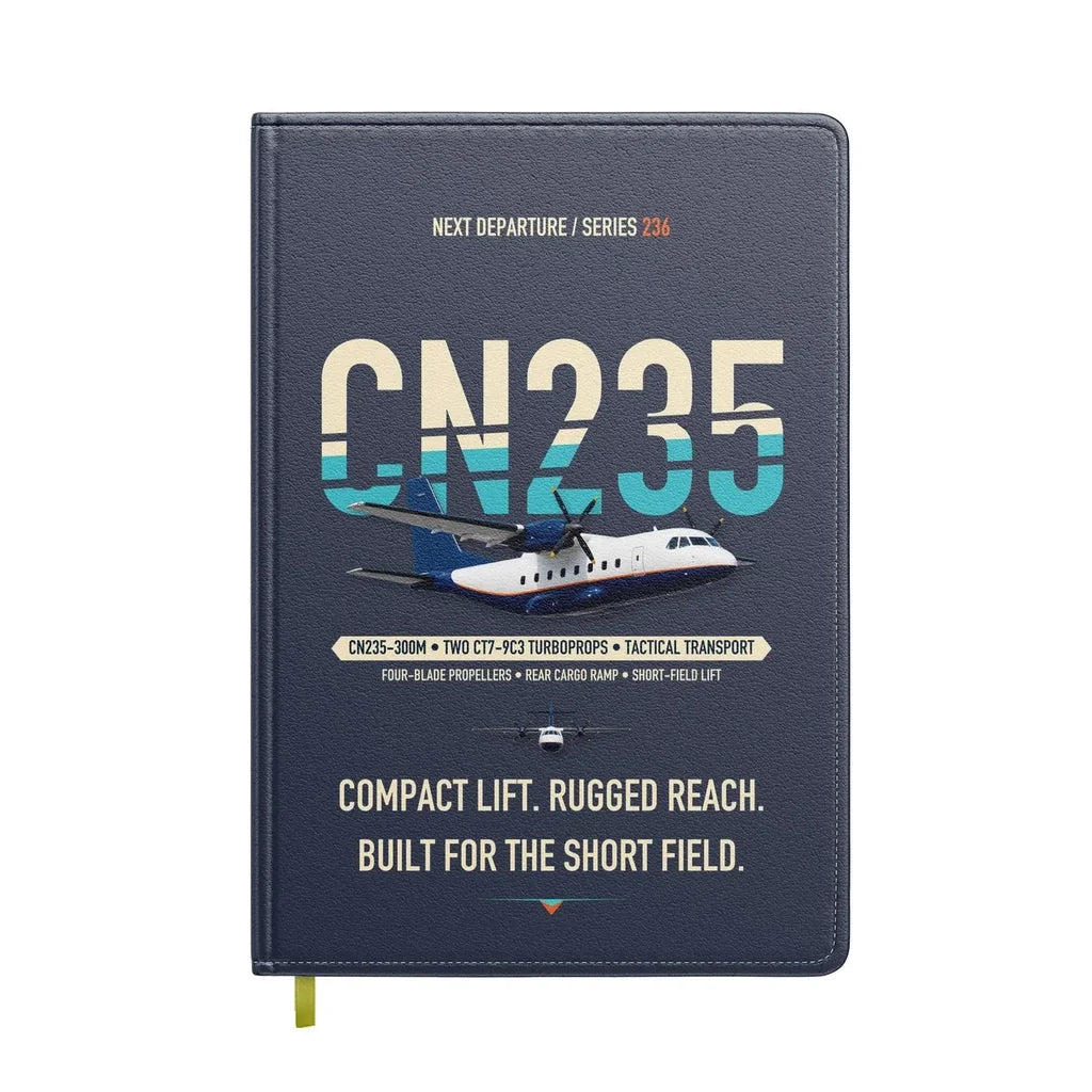 Airbus CN235-300M design on navy blue notebook