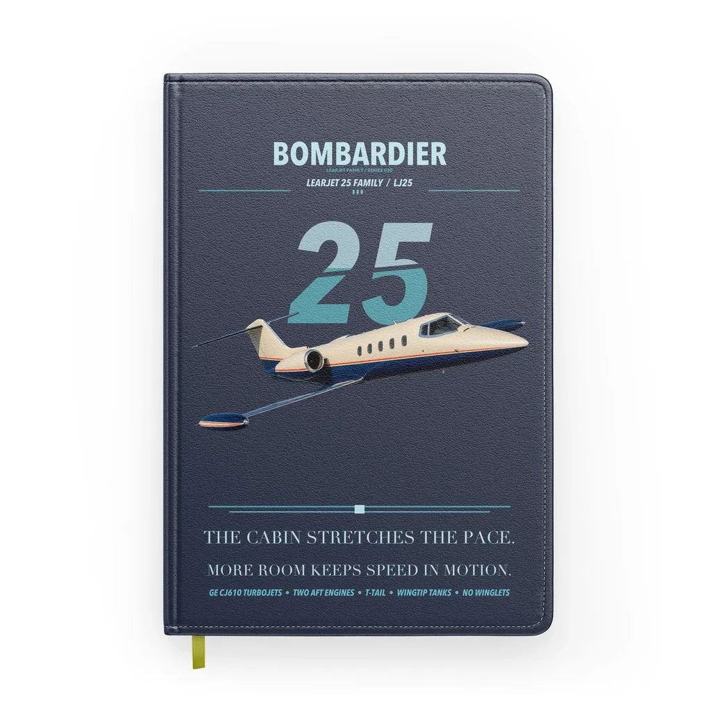 Bombardier Learjet 25 design on navy blue notebook