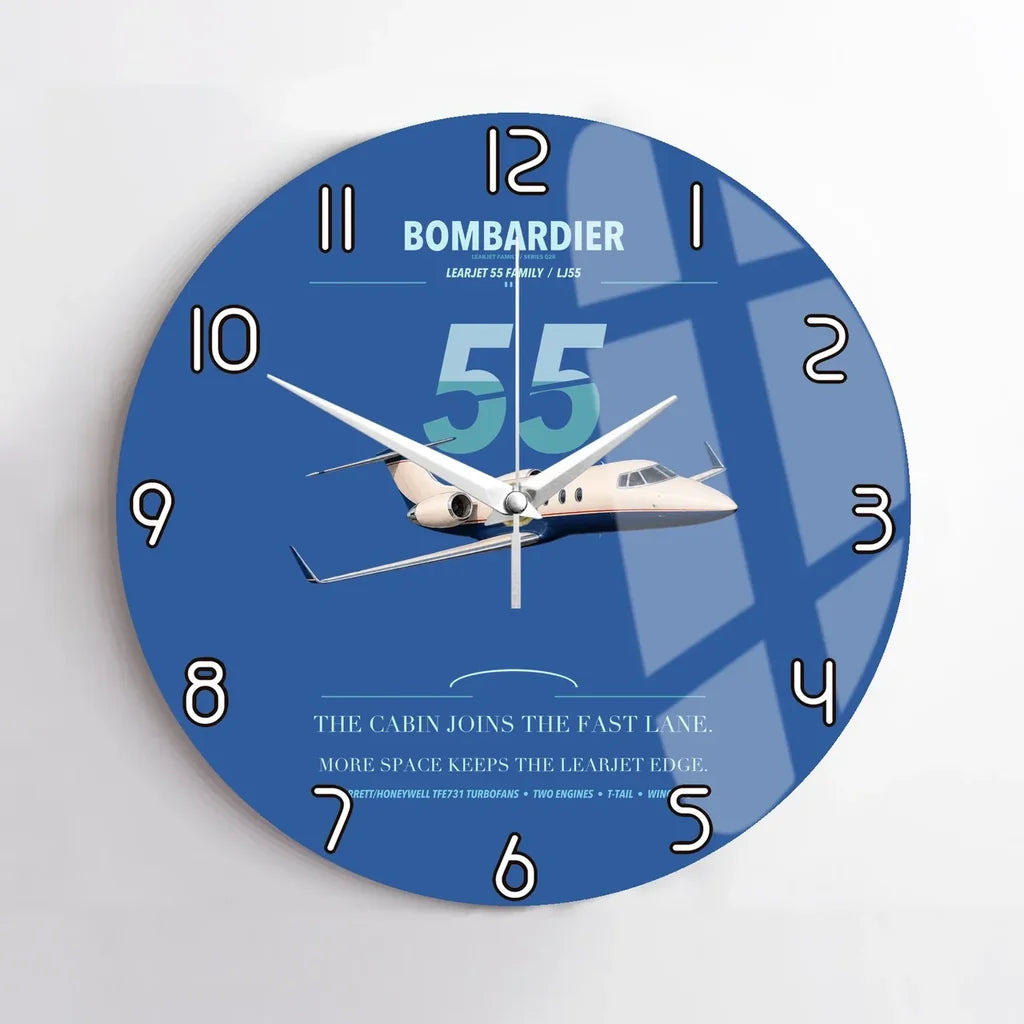Bombardier Learjet 55 design on blue no frame wall clock