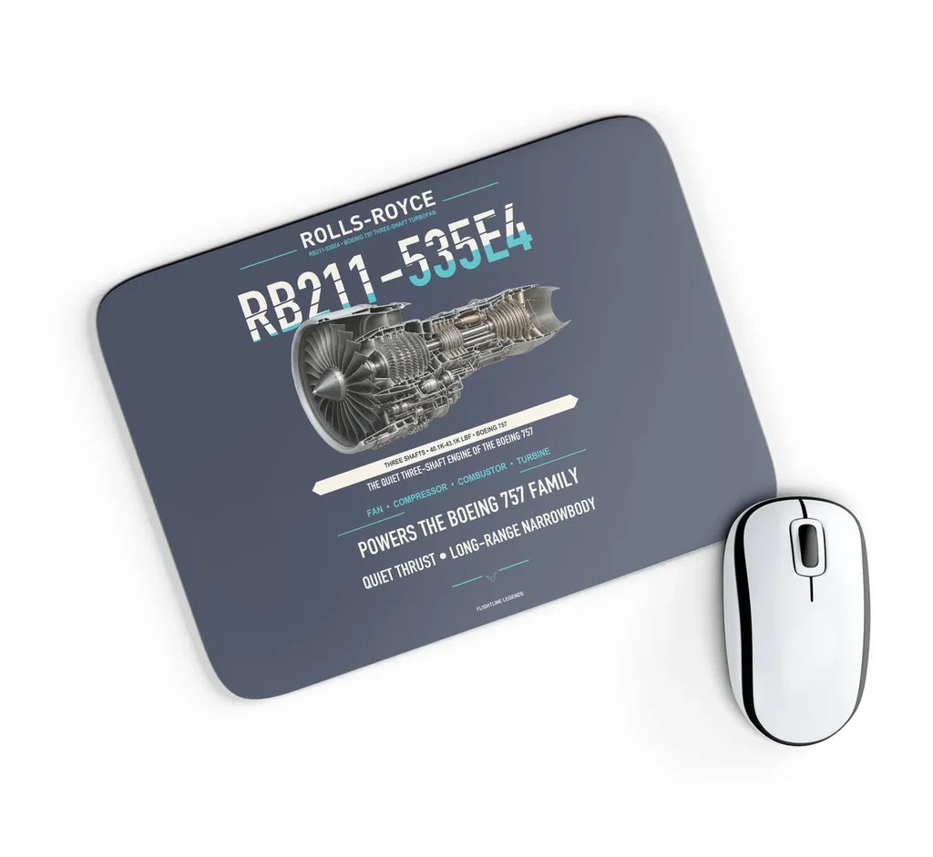 RB211-535E4 design on navy blue rectangle mouse pad