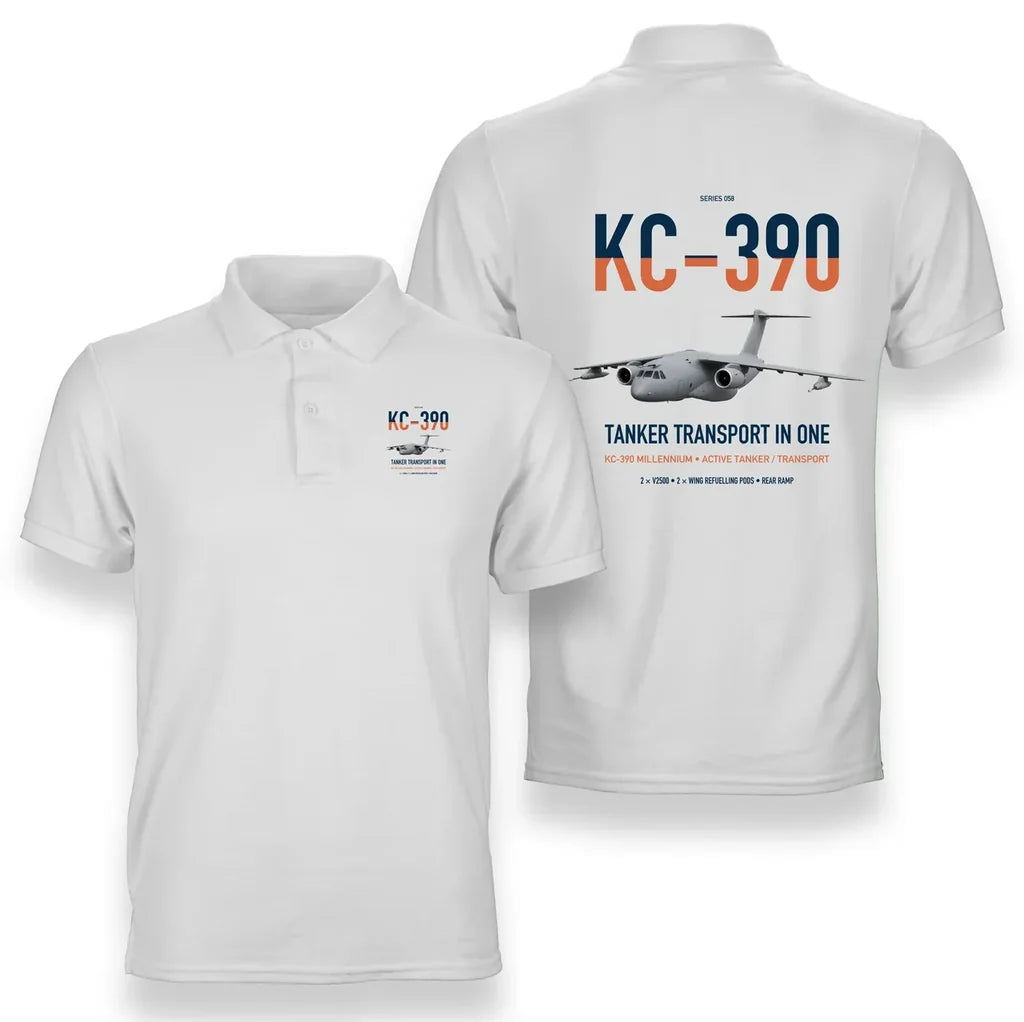 Embraer KC-390 Millennium design on white double-side polo t-shirt, double-side print