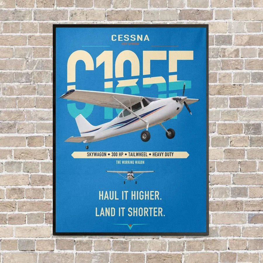 Cessna A185F Skywagon vertical canvas print - framed - turquoise background