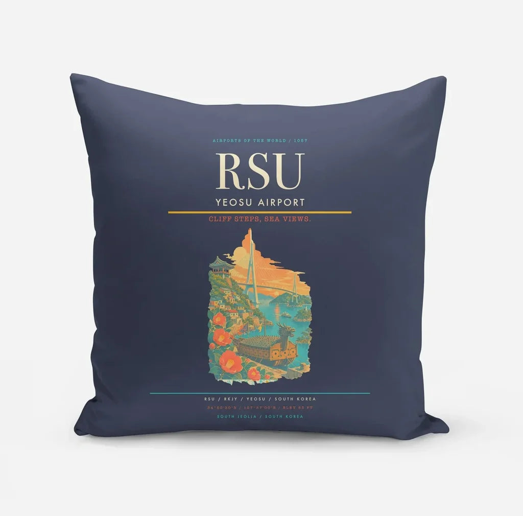 Yeosu Airport (RSU) design on navy blue pillow