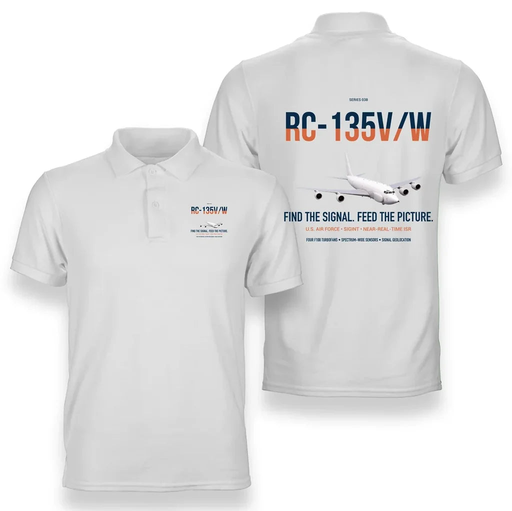RC-135V W Rivet Joint design on white double-side polo t-shirt, double-side print