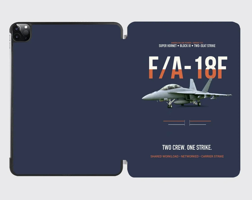 F-A-18F Super Hornet Block III Two Crew One Strike design on navy blue ipad tablet case