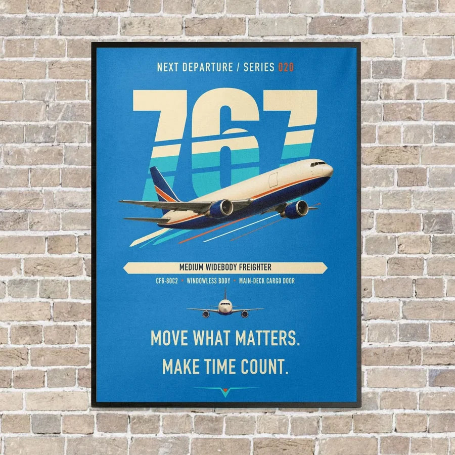 Boeing 767-300F vertical canvas print - framed - turquoise background