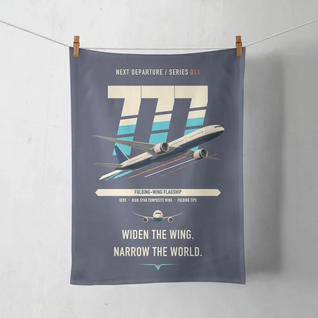 Boeing 777-9 design on navy blue towel