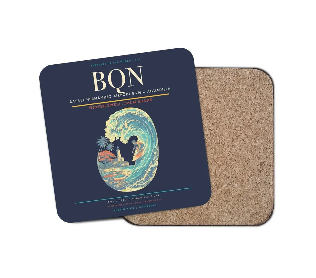 Rafael Hernández Airport (BQN) design on navy blue 1 piece coaster