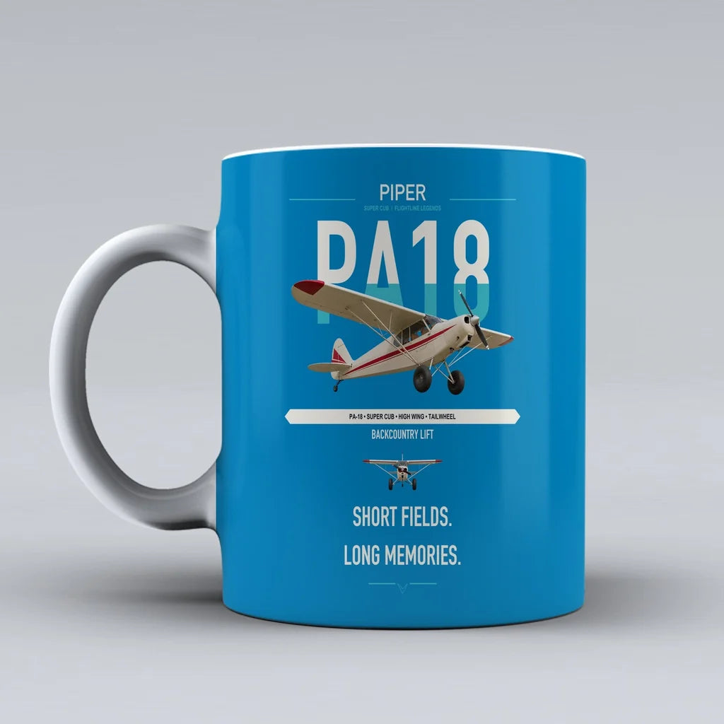 Piper PA-18 Super Cub design on turquoise ceramic mug, double-side print