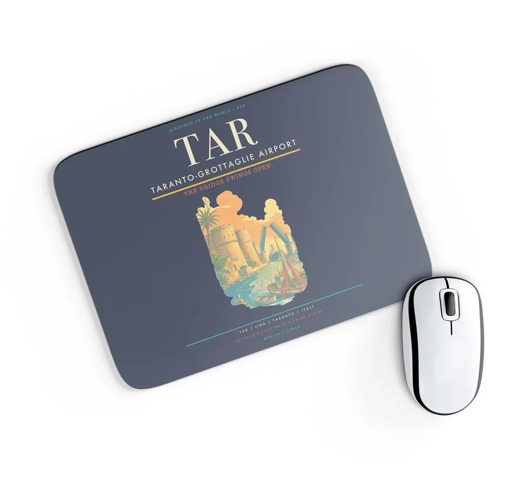 Taranto-Grottaglie Airport (TAR) design on navy blue rectangle mouse pad
