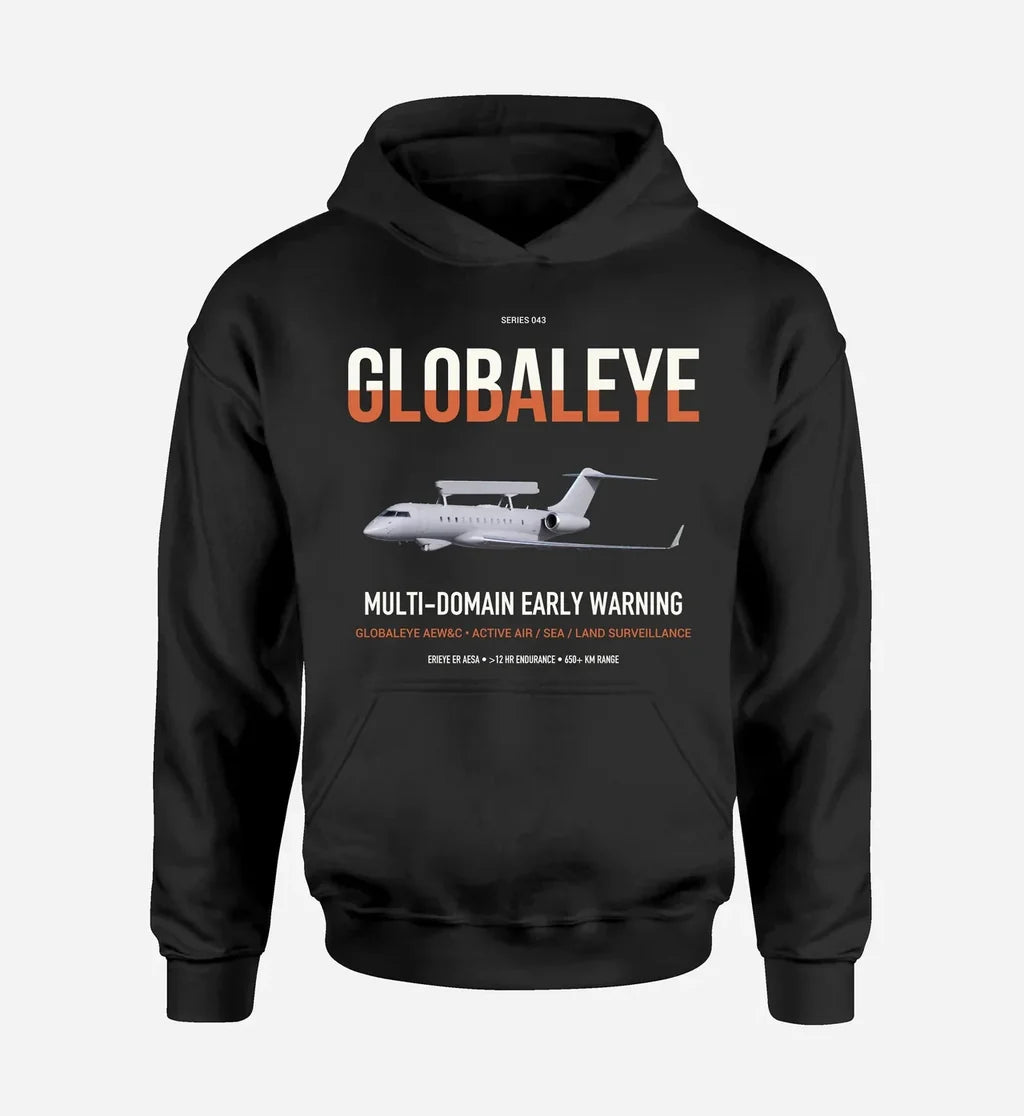 Saab GlobalEye design on black double-side hoodie, single-side print