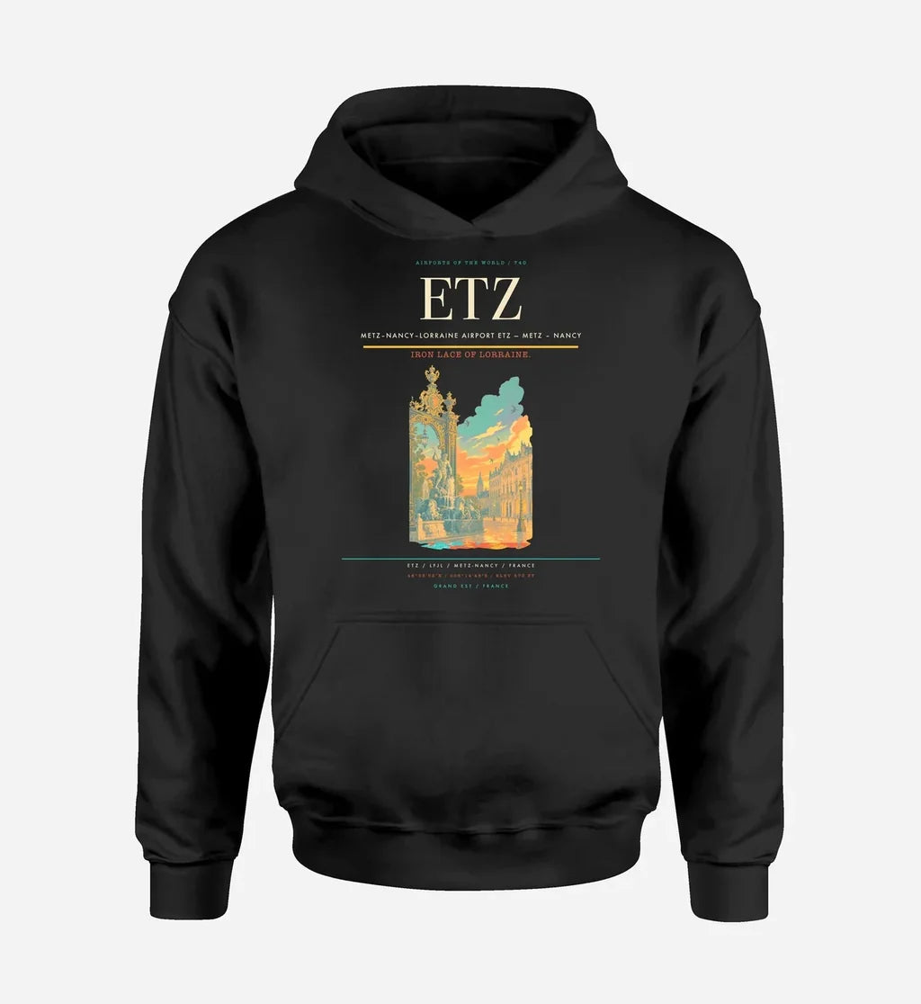 Metz–Nancy–Lorraine Airport (ETZ) design on black hoodie single-side print