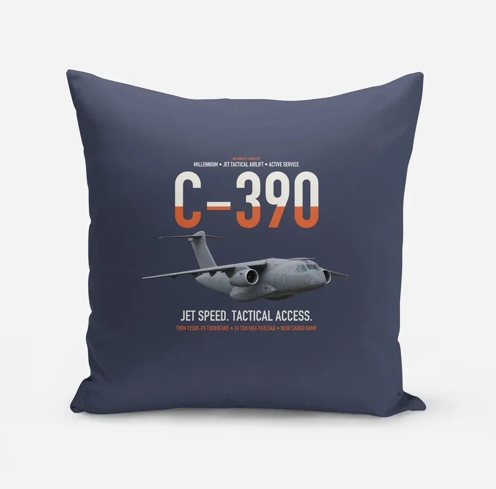 C-390 Millennium design on navy blue pillow