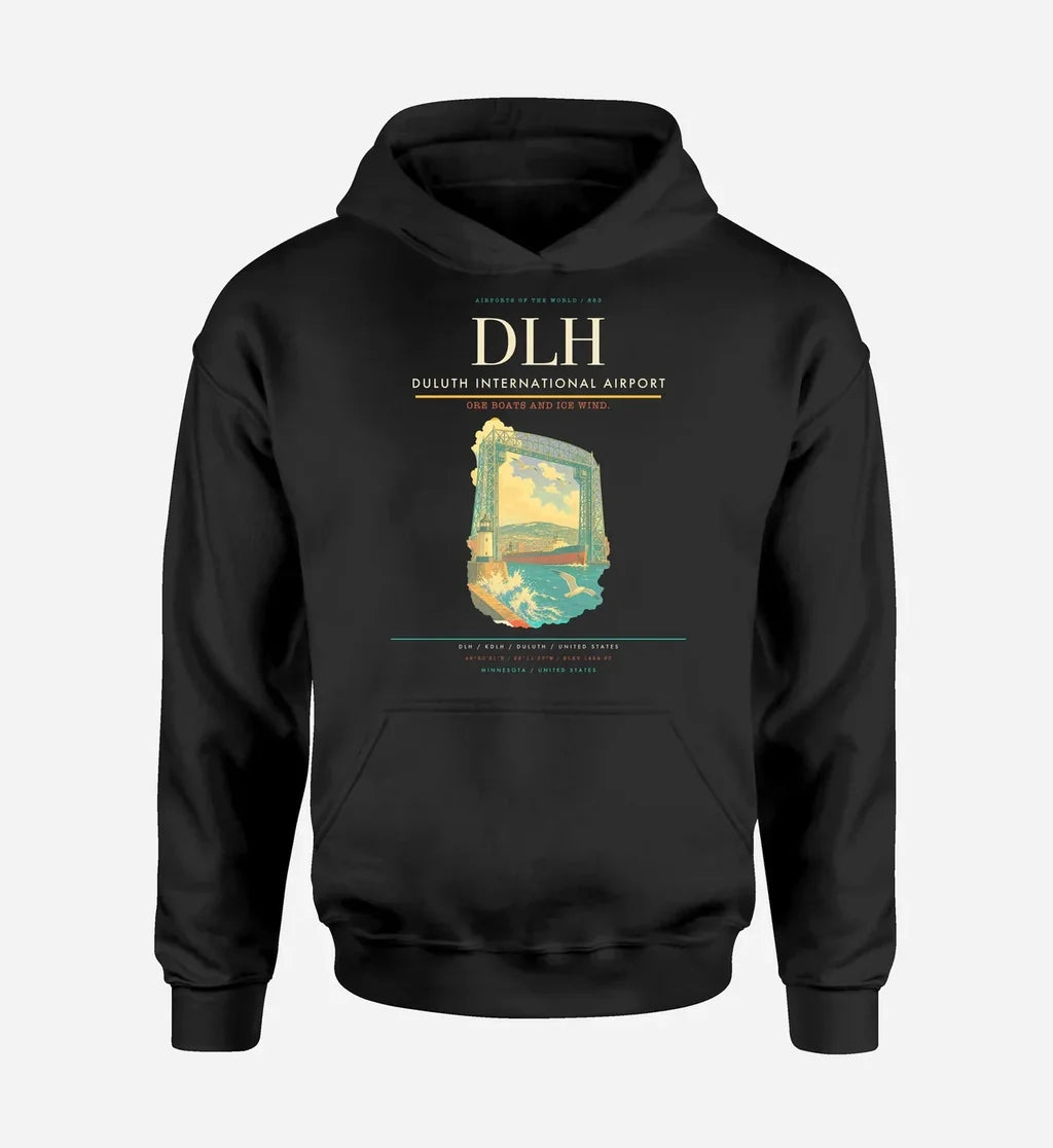 Duluth International Airport (DLH) design on black hoodie single-side print