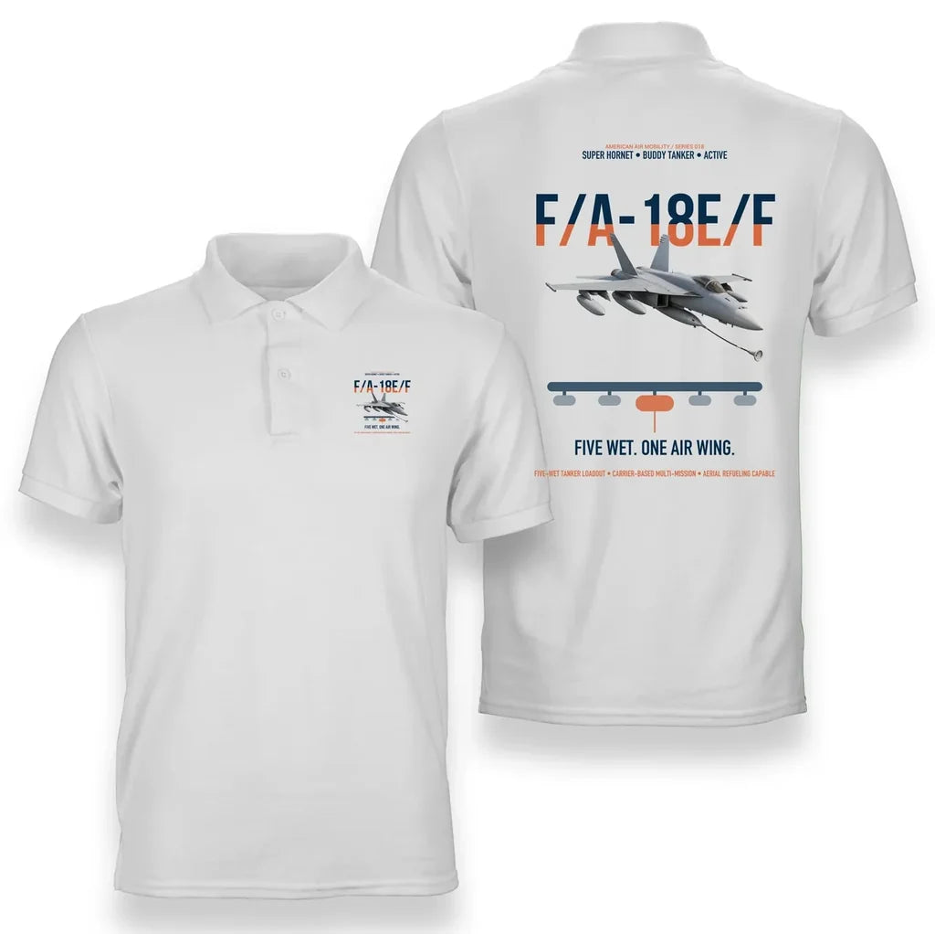 F A-18E F Buddy Tanker design on white double-side polo t-shirt, double-side print
