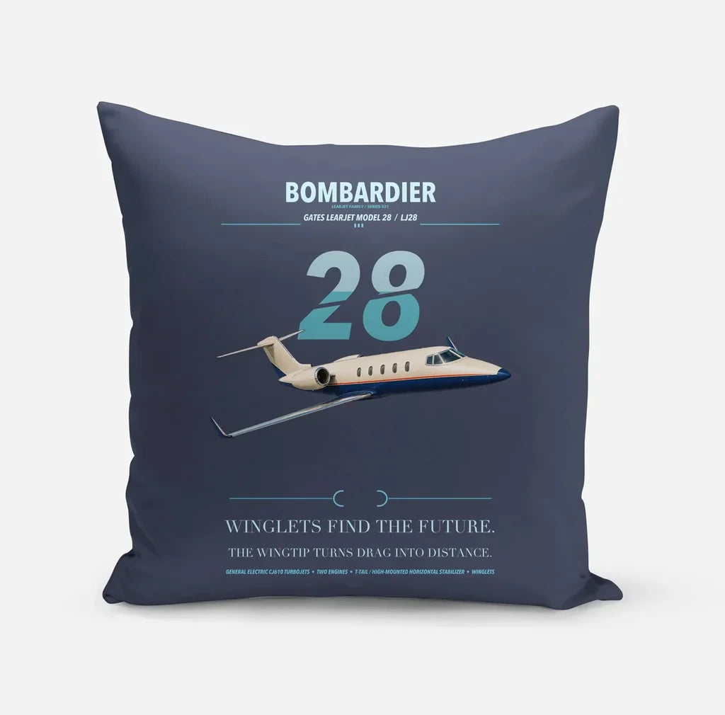 Bombardier Learjet 28 design on navy blue pillow