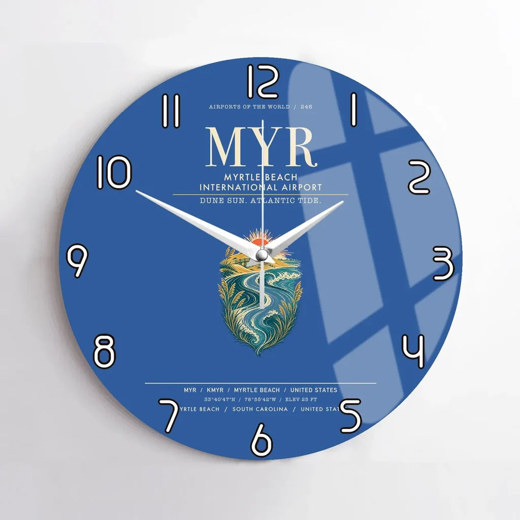 Myrtle Beach International Airport (MYR) design on blue no frame wall clock