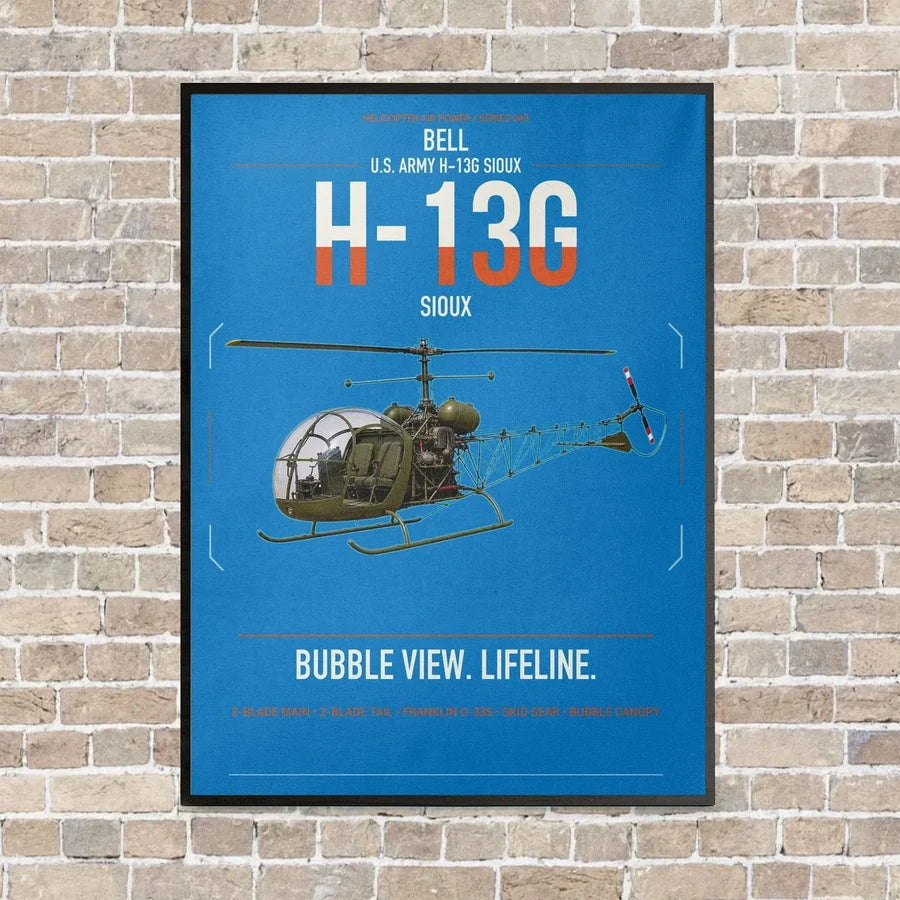 Bell H-13G Sioux vertical canvas print - framed - turquoise background
