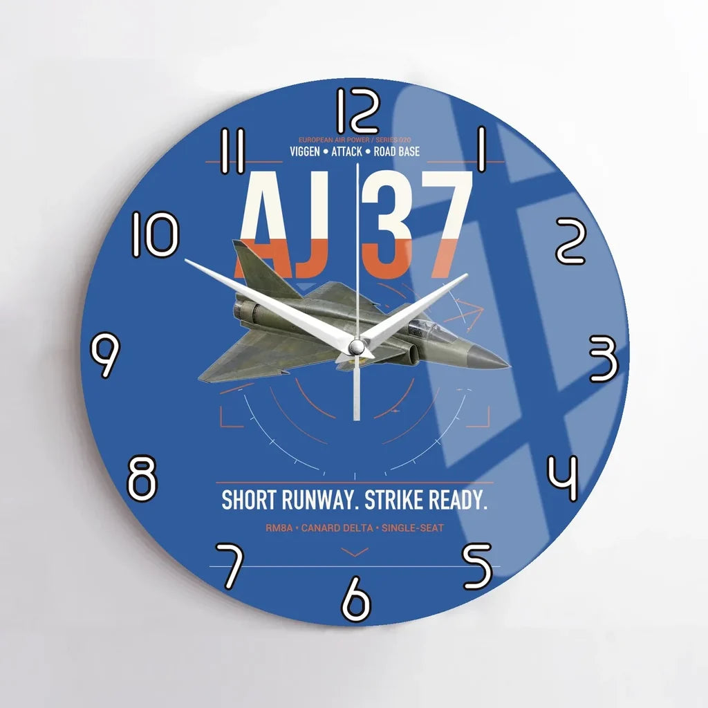 Saab AJ 37 Viggen design on blue no frame wall clock