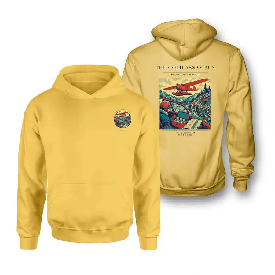 VINTAGE G4415 - The Gold Assay Run - Double-Side Hoodie design on yellow double side