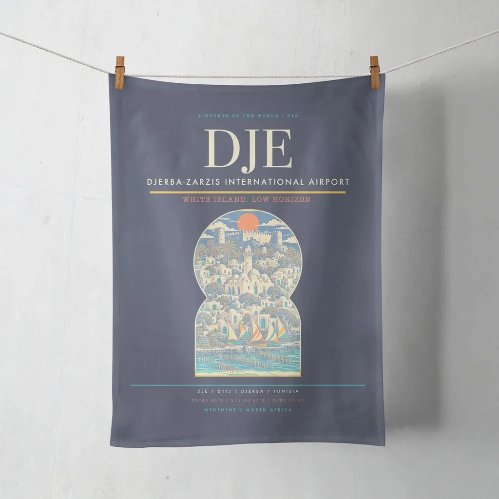 Djerba-Zarzis International Airport (DJE) design on navy blue towel