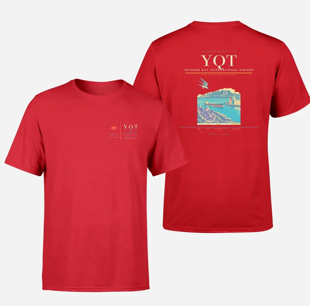 Thunder Bay International Airport (YQT) design printed on red double-side t-shirt