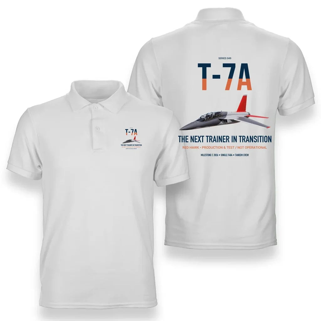 T-7A Red Hawk design on white double-side polo t-shirt, double-side print
