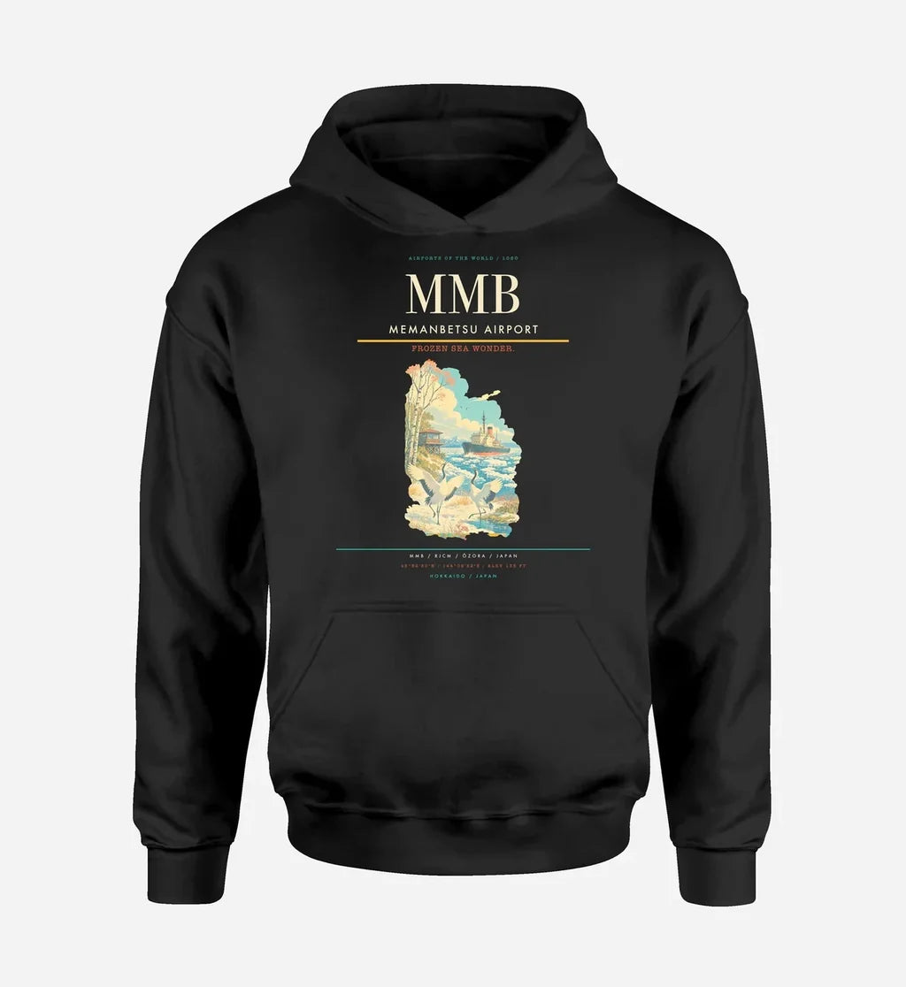 Memanbetsu Airport (MMB) design on black hoodie single-side print