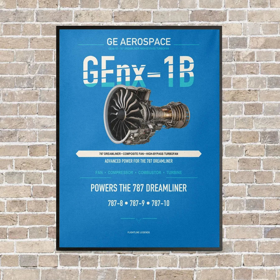 GEnx-1B vertical canvas print - framed - turquoise background