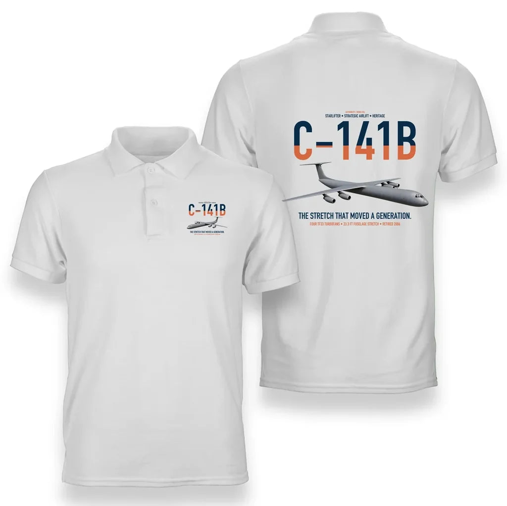 C-141B Starlifter design on white double-side polo t-shirt, double-side print