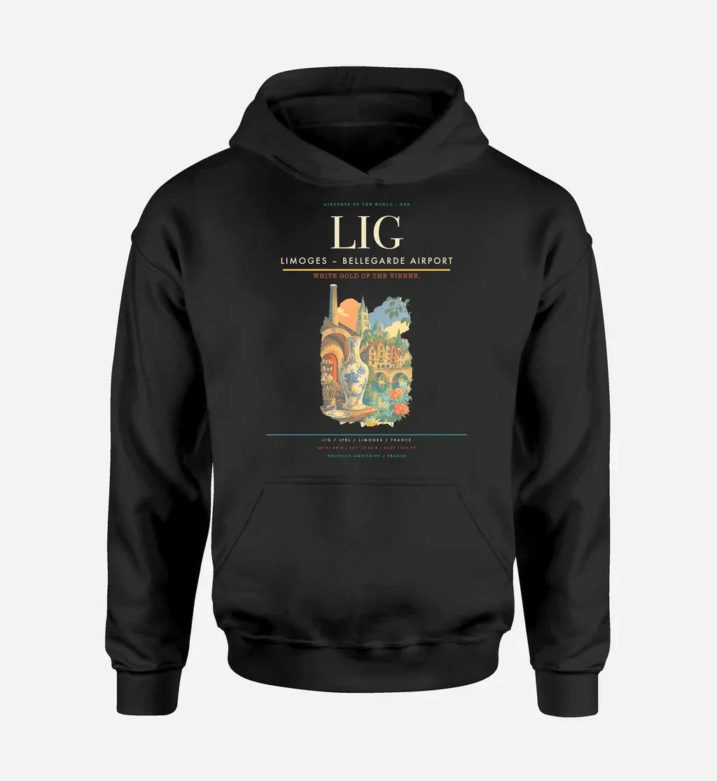 Limoges – Bellegarde Airport (LIG) design on black hoodie single-side print