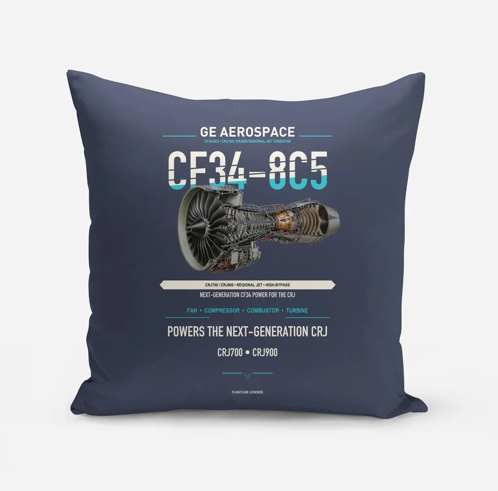 CF34-8C5 design on navy blue pillow