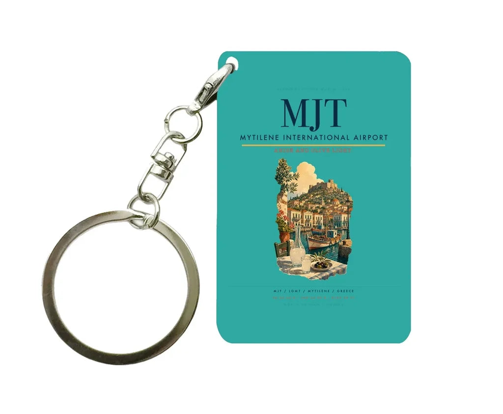 Mytilene International Airport (MJT) design on turquoise key chain