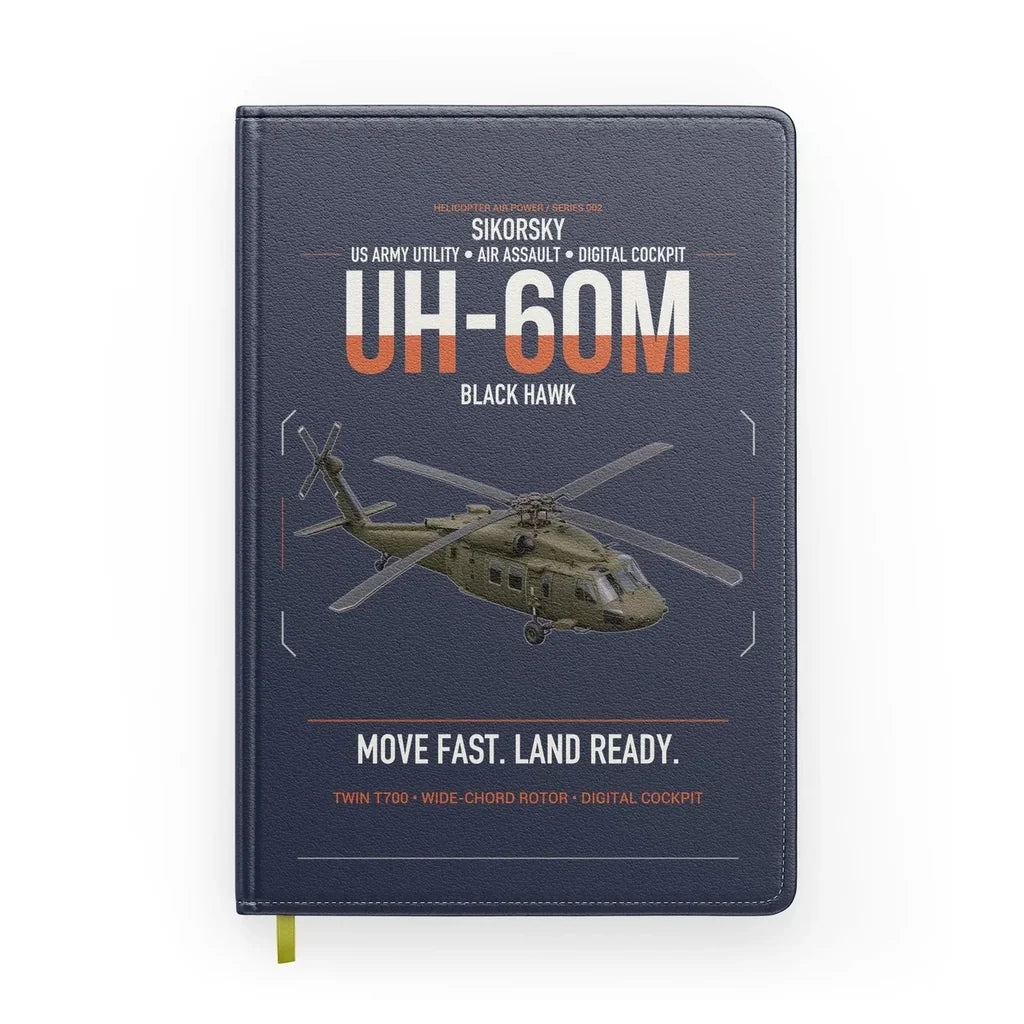 Sikorsky UH-60M Black Hawk design on navy blue notebook