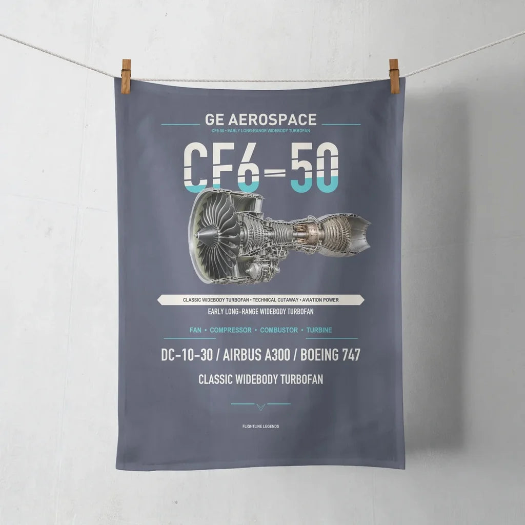 CF6-50 design on navy blue towel