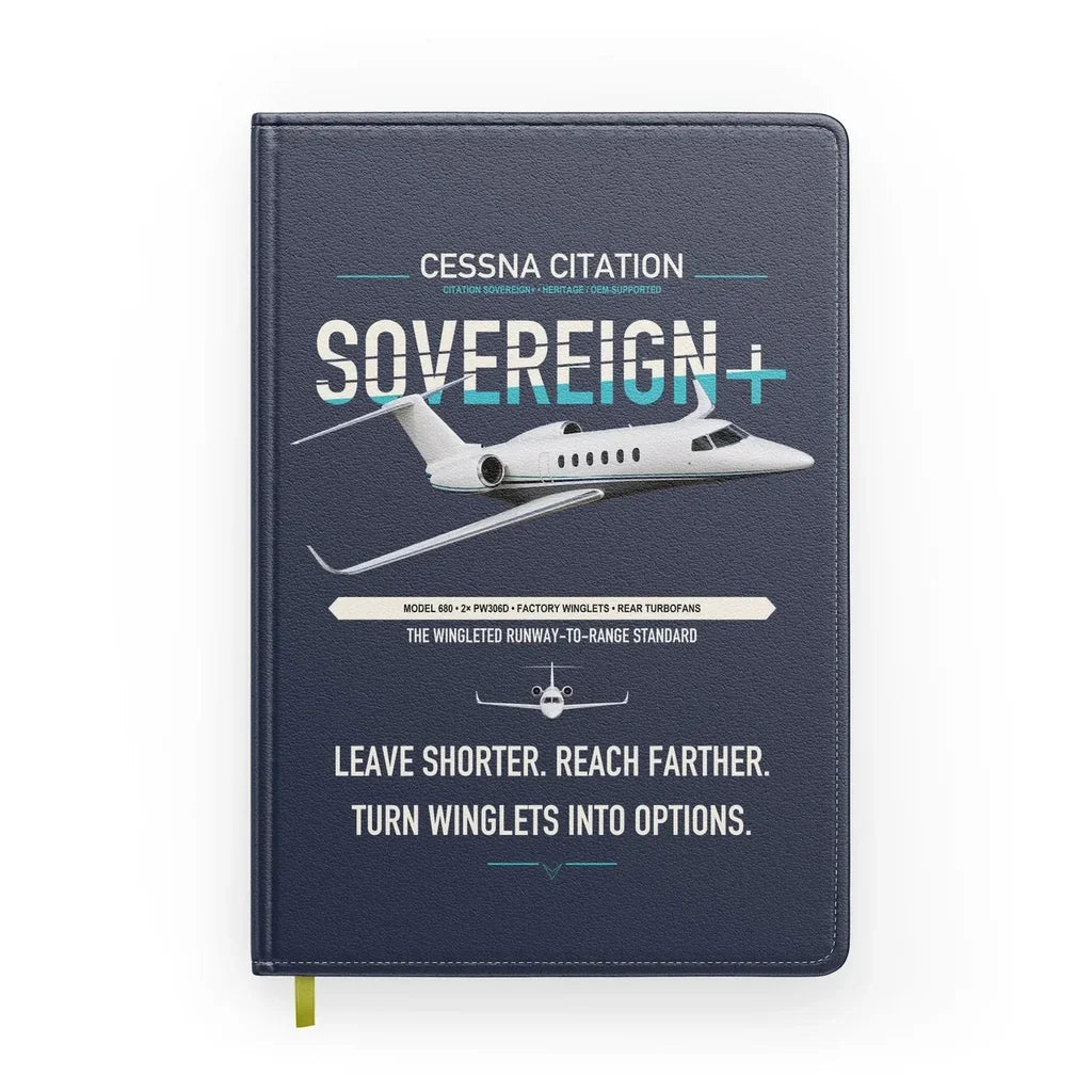 Cessna Citation Sovereign+ design on navy blue notebook