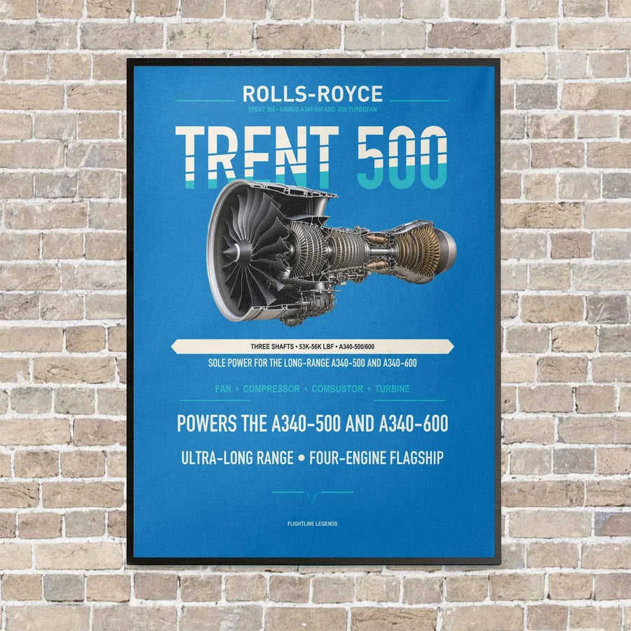 TRENT 500 vertical canvas print - framed - turquoise background