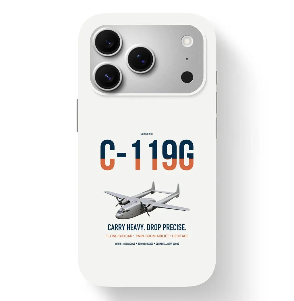 C-119G Flying Boxcar design on white magsafe iphone case, for iPhone 17 Pro